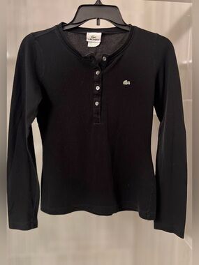 Lacoste Black Piqué Cotton Henley Long Sleeve Shirt Embroidered Logo